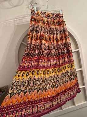 Bohemian Maxi Skirt in Yellow, Orange and Pink Ikat Print Made in India. S/M